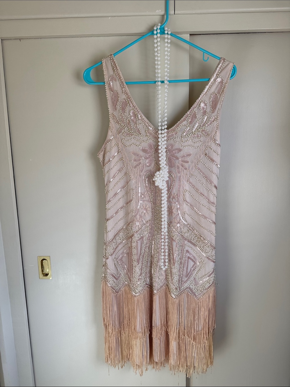 Blush Pink Beaded Fringe Mini Dress